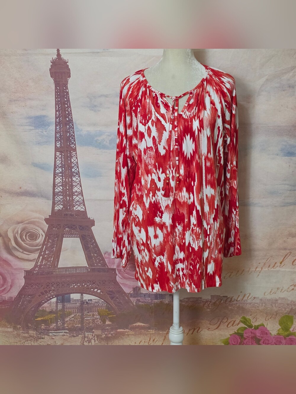 Belle by Kim Gravel Red and White Printed Long-Sleeve Tunic Sz 1X